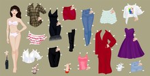 Paper Doll Of A Pretty Brunette Girl With A Variety Of Paper Clothes And Shoes