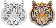 Zentangle tiger head. Hand drawn decorative vector illustration. Color and outline set
