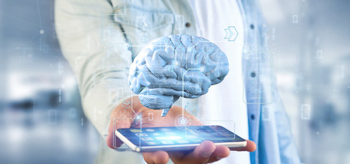 Poster - businessman holding a intelligence artificial brain with data - 3d rendering
