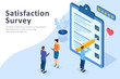 Customer satisfaction survey, user feedback, marked on checklist，flat isometric vector illustration