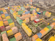 Colorful Houses In Comfort Town District In Kyiv At Cloudy Weather, Multi-floor Apartment Buildings Complex. Aerial Panoramic Drone Photo, 17 March 2020.