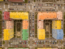 Colorful Houses In Comfort Town District In Kyiv At Cloudy Weather, Multi-floor Apartment Buildings Complex. Aerial Panoramic Drone Photo, 17 March 2020.