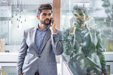 Wall Mural - Young handsome businessman talking on mobile phone in the office