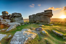 Beautiful Sunset Over Granite Rock Formations At Combestone Tor
