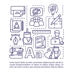 Poster - Design studio concept icon with text. Creative agency briefing. Collaborative teamwork on project idea. PPT page vector template. Brochure, magazine, booklet design element with linear illustrations