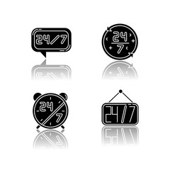 Wall Mural - 24 7 hour service drop shadow black glyph icons set. Online customer support. Alarm clock with numbers. Helpdesk symbol. Hanging convenience store sign. Isolated vector illustrations on white space