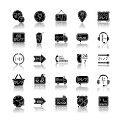 Wall Mural - 24 7 hour service drop shadow black glyph icons set. Around the clock working hours of convenience store. 24 hrs open shop. All week available shipping. Isolated vector illustrations on white space