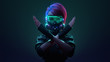 © roman3d - 3d illustration of cyberpunk girl with pink hair in futuristic gas mask with protective green glasses and filters in leather jacket making x sign with crossed hands, gesturing stop, warning of danger.