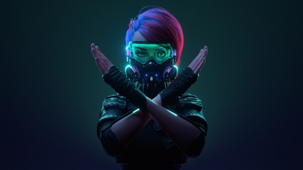 3d illustration of cyberpunk girl with pink hair in futuristic gas mask with protective green glasses and filters in leather jacket making x sign with crossed hands, gesturing stop, warning of danger.