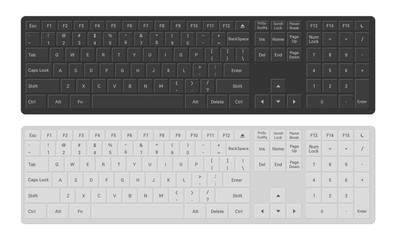 White and black pc and laptop keyboard. Keyboard for personal computer. Keyboard button layout template. A device that allows a user to enter information into a computer. Buttons set.