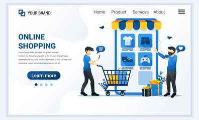 Poster - Vector illustration of Online shopping concept. Young men buying products in online application store. Modern flat web landing page template design for website and mobile website. flat cartoon style
