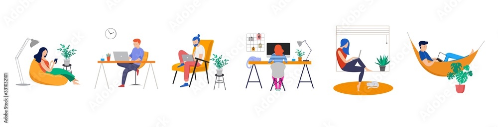 Working at home, coworking space, concept illustration. Young people, man and woman freelancers working on laptops and computers at home. People at home in quarantine. Vector flat style illustration - obrazy, fototapety, plakaty 