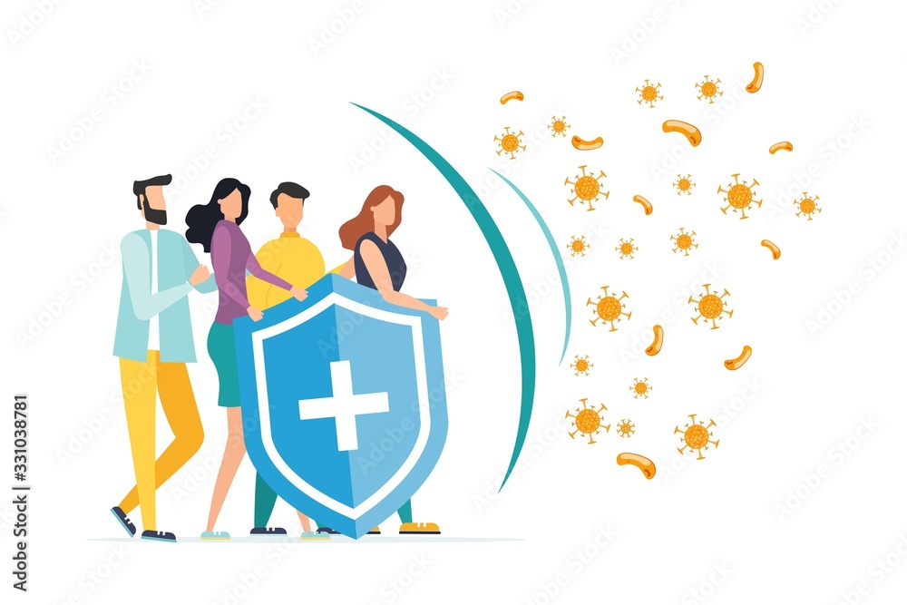 Immune system vector icon logo. Protection against bacteria health viruses. A healthy mans and womans stand behind a shield and repel an attack of bacteria by the shield. Enhance immunity with medicin - obrazy, fototapety, plakaty 