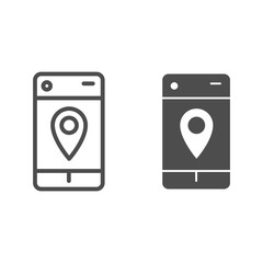 Poster - Smartphone map pin line and glyph icon. Geo location pointer in mobile phone symbol, outline style pictogram on white background. Communication sign for mobile concept and web design. Vector graphics.