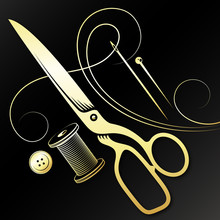 Gold Scissors Needle And Spool Of Thread For Cutting And Sewing