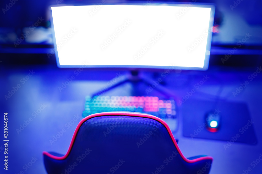 Professional place streamer video gamers room with computer. Cyber sport championship neon color lights - obrazy, fototapety, plakaty 