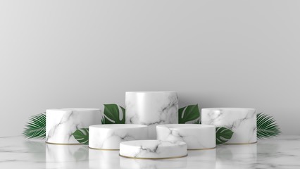 luxury white Marble Cylinder, Circle podium, gold ring and monstera, palm leaves in white background. concept scene stage showcase, product, promotion sale, banner, presentation, cosmetic. 3D render