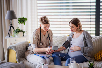 A healthcare worker examining pregnant woman indoors at home.