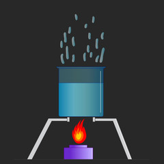 Evaporation of water. Liquid boiling with flame in the stove, evaporating in the glass container. Cooker fire. Fluid bubbles. Water boils 100 degrees Celsius, 212 degrees Fahrenheit. 2D draw Vector