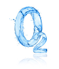 chemical formula of oxygen made of water splashes on a white background