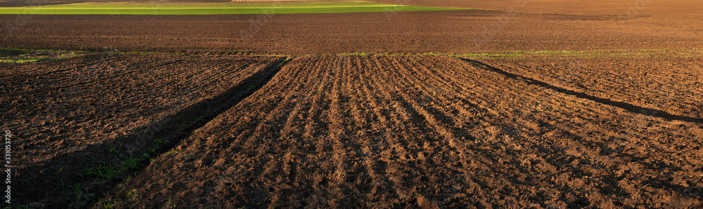 panorama of plowed field, lines along rural beds and green fields, land for sale - obrazy, fototapety, plakaty 