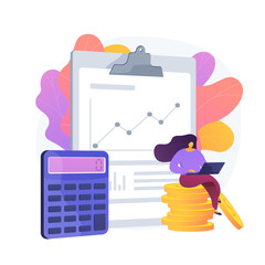 Sticker - Woman accountant cartoon character. Statement analysis, budget planning, bookkeeping operation, financial audit. Woman working on income statistics. Vector isolated concept metaphor illustration