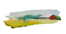 Traditional Vintage Red Farm Barn. Original Simple Watercolor Backdrop Illustration Of Agricultural Building In The Meadow