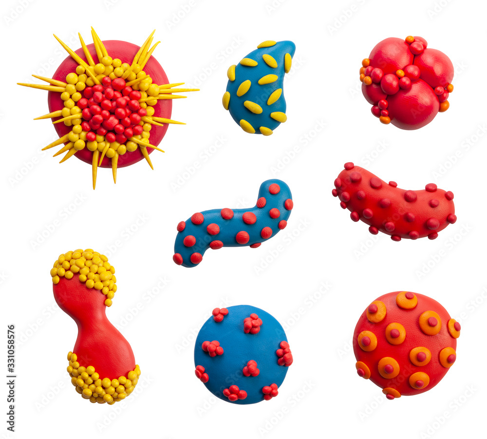 Coronavirus disease germs handmade of plasticine and clay putty. Different virus microbe. - obrazy, fototapety, plakaty 