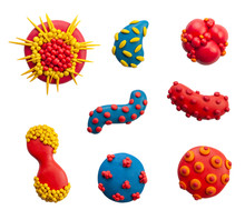Coronavirus Disease Germs Handmade Of Plasticine And Clay Putty. Different Virus Microbe.
