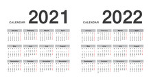 Year 2021 And Year 2022 Calendar Horizontal Vector Design Template, Simple And Clean Design. Calendar For 2021 And 2022 On White Background For Organization And Business. Week Starts Monday.
