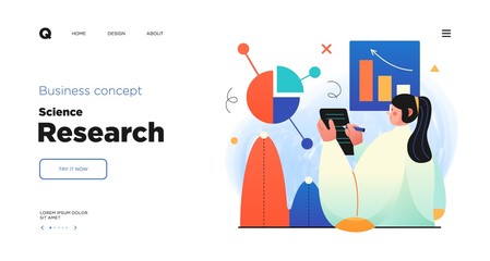 Poster - Science research website Landing page template design. Concept of Scientist character making research in a laboratory. Web page layout with modern business concept illustration.