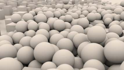 Poster - 3D rendering of a set of white balls among cubes and other geometric objects. Abstract image for screensavers and other futuristic compositions.