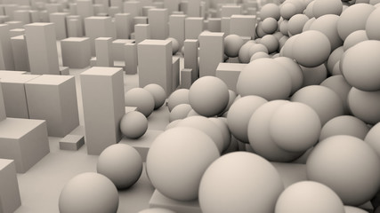 Poster - 3D rendering of a set of white balls among cubes and other geometric objects. Abstract image for screensavers and other futuristic compositions.