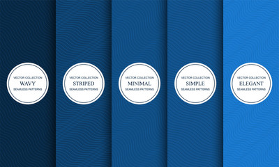Set of trendy blue seamless curve outline patterns. Striped endless wave texture. Vector repeatable minimalistic backgrounds with simple wavy lines