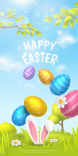 Festive Vertical Banner With Title “Happy Easter” And Spring Scene With Falling Realistic Colorful Eggs And 3D Fur Ears Of Bunny On Meadow. Vector Holiday Background With Cartoon Landscape.