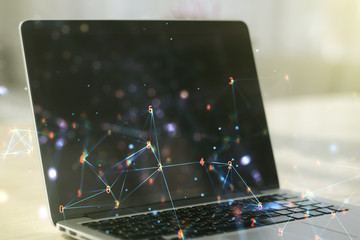Aufkleber - Creative abstract wireless technology hologram on modern computer background, artificial intelligence and machine learning concept. Multi exposure