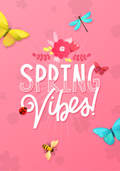 Wall Mural - Spring ad text and bright flowers and butterflies.