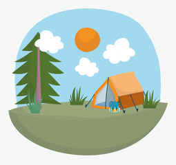 Sticker - camping tent backpack tree grass sun vacations activity adventure design