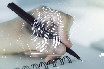 Fototapete - Multi exposure of abstract creative fingerprint illustration with man hand writing in notebook on background, digital access concept