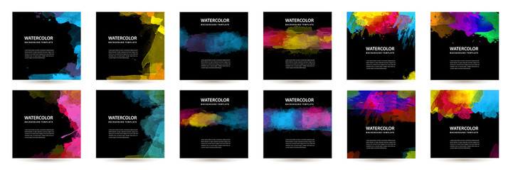 Wall Mural - Big set of bright vector colorful watercolor on vertical black background for poster or flyer	