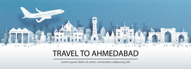 Fototapete - Travel advertising with travel to Ahmedabad, India concept with panorama view of city skyline and world famous landmarks in paper cut style vector illustration.