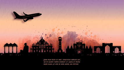 Fototapete - Watercolor of Ahmedabad, India silhouette skyline and famous landmark. vector illustration.
