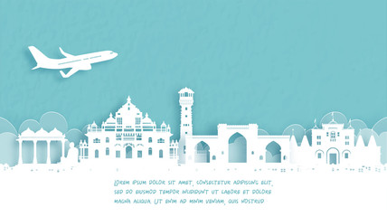 Wall Mural - Travel poster with Welcome to Ahmedabad, India famous landmark in paper cut style vector illustration.