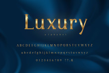 Luxury Golden Theme Alphabet Font Set With Uppercase Lowercase And Numbers On Dark Blue Background