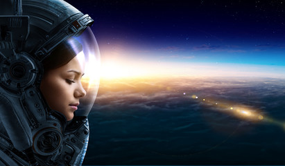 Wall Mural - female astronaut in space on planet orbit. . mixed media