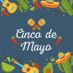 Canvas Print - cinco de mayo lettering maracas pepper guitar cactus mexican celebration poster