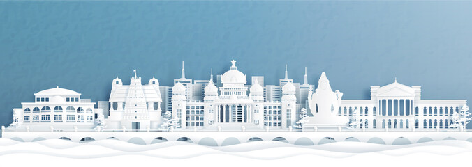 Fototapete - Panorama view of Bengaluru skyline with India famous landmarks in paper cut style vector illustration.