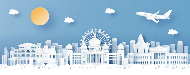 Wall Mural - panorama view of bengaluru, india with temple and city skyline with world famous landmarks in paper 