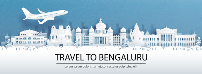Wall Mural - travel advertising with travel to bengaluru, india concept with panorama view of city skyline and wo