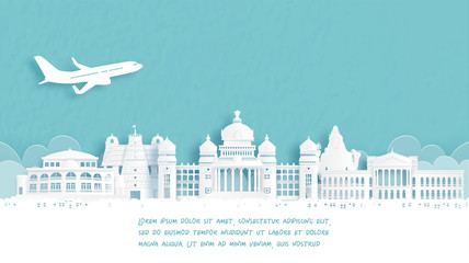 Wall Mural - travel poster with welcome to bengaluru, india famous landmark in paper cut style vector illustratio